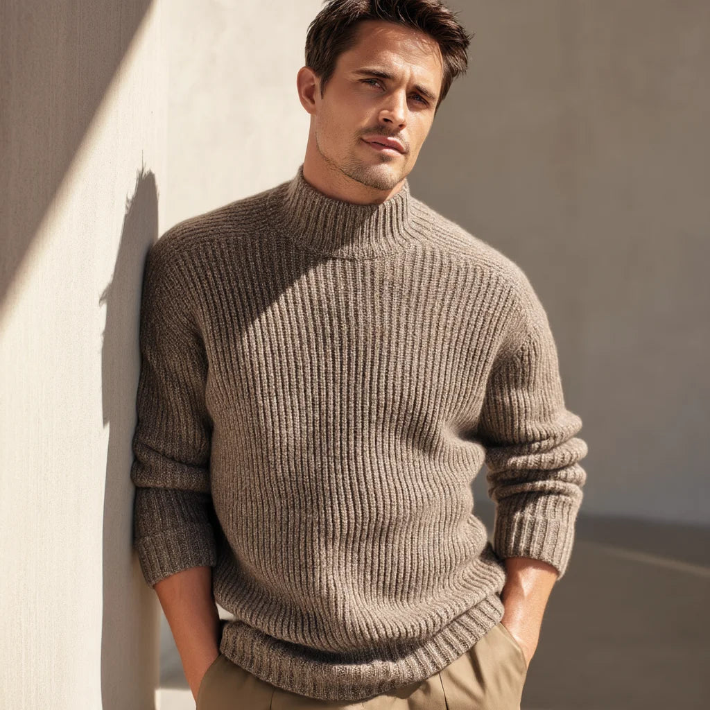 Men's Elegant Ribbed Mock Neck Wool Blend Sweater Oversized and Warm for Formal Occasions with Jacquard Decoration and Logo