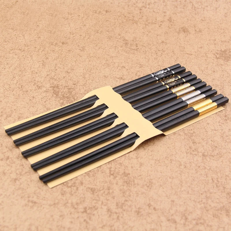 10 Pairs Set Flower Printed No slip Design PPS Fiberglass Bulk Plastic Black Gold Plated square Chopsticks for Gift