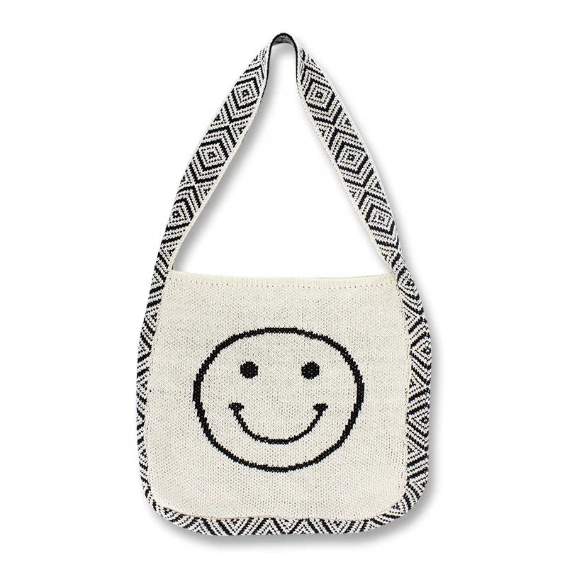 2023 Vintage Lady Women's Shoulder Tote Bag Single Fashion Designer Woven Checkered Polyester Smile Knitted Design Portable Open
