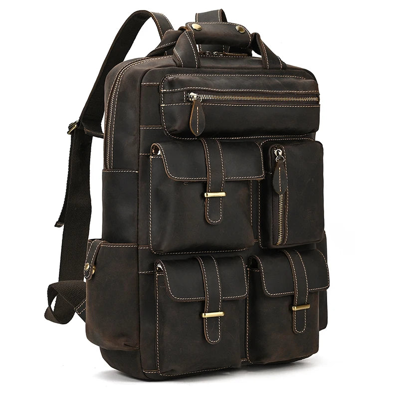 Luxury Designer Retro Fashion Crazy Horse Leather Backpack Men's Travel Bagpack Male Daypack Men Laptop Backpack for 17" PC