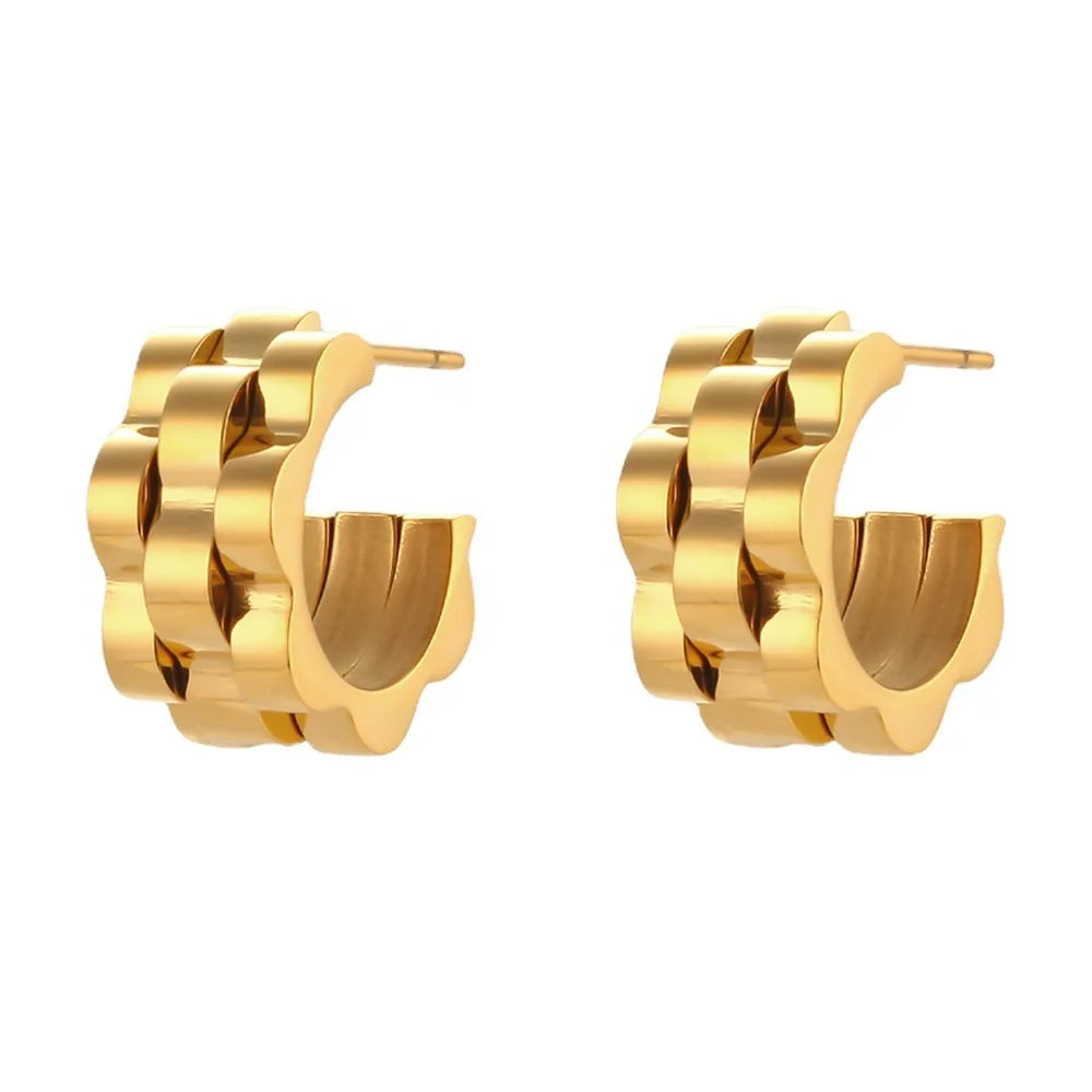 Wholesale Fashion Jewelry 18K Gold Stainless Steel Earrings Chunky Gear Watch Strap Chain C-shaped Hoop Stud Earrings for Women