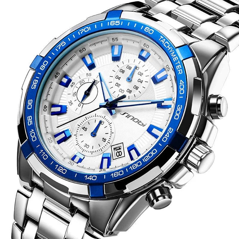 SINOBI Stainless Steel Luxury Watch Luminous Hand S9720G Chronograph Quartz Brand Wristwatches Small Three Pins Wrist Mens Watch