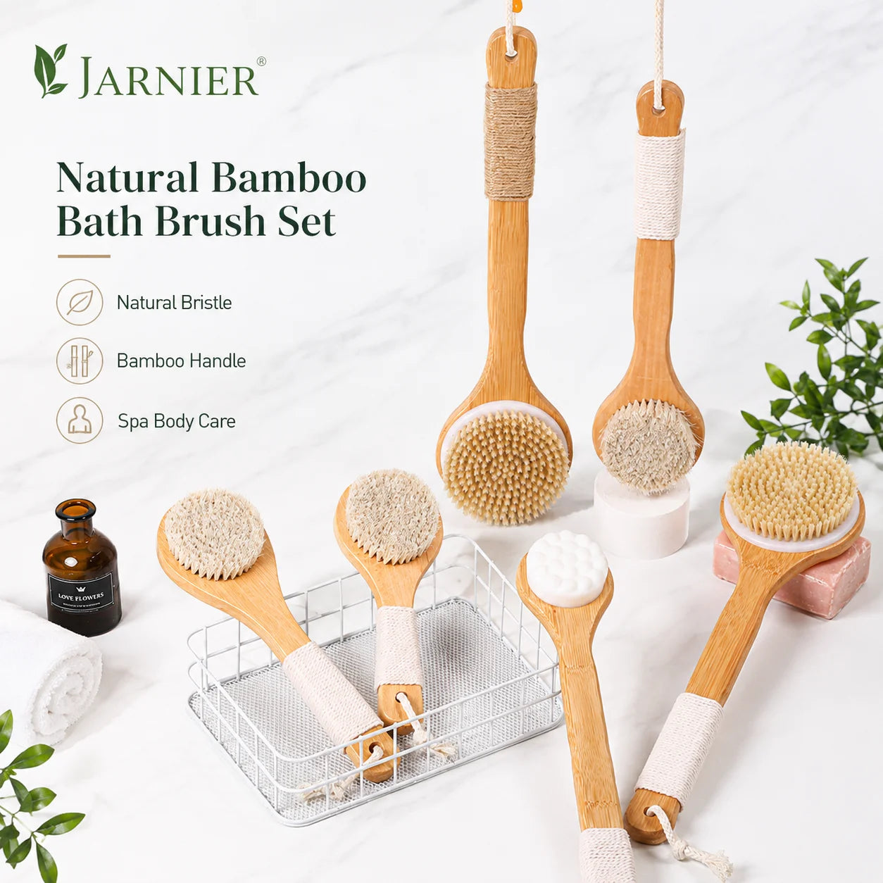 Jarnier FSC Long Handle Bamboo Body Shower Massage Dry Body Brush Boar Bristles Cellulite Exfoliating Lady Bath Brush with Rope