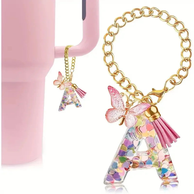 Lovely Initial Letter Tassel Butterfly Pendant Keychain 40oz for Stanley Cup Accessories 30oz Tumbler Charm Metal Material