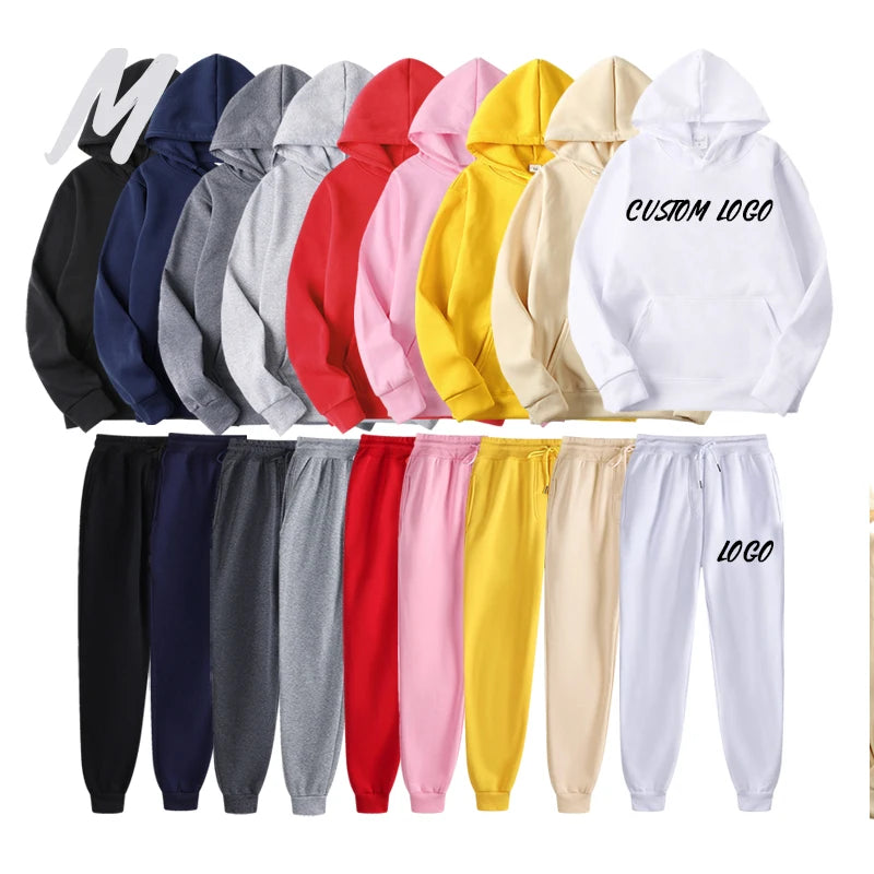 Wholesale OEM Custom Puff Printing Logo Hoodies and Sweat Pants Set Sweatshirts Tracksuit Set Cotton Unisex Women Men Hoodie Set