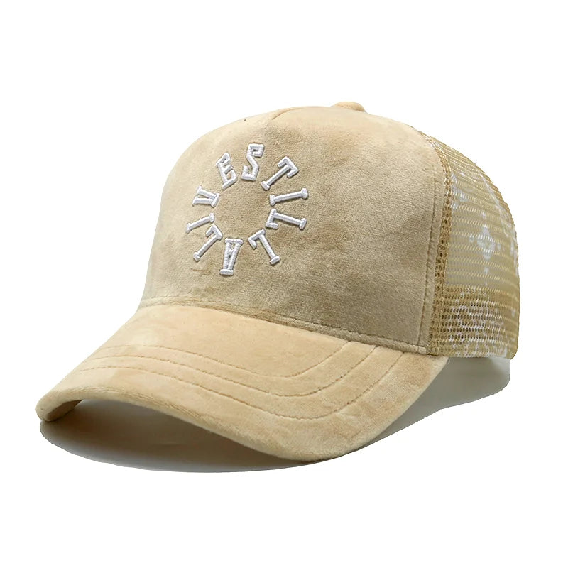 Premium Custom Unisex 5 Panel Velvet Embroidery Logo Mesh Cap Trucker Hats