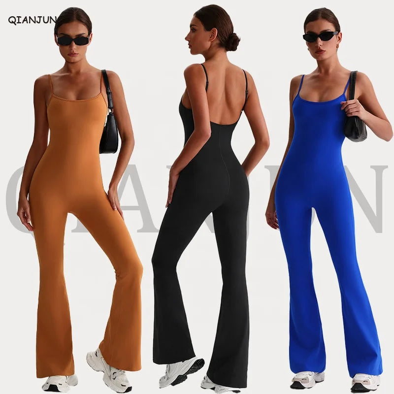 Women's Adjustable Shoulder Strap Yoga Jumpsuit Tight-Fitting One-Piece Fitness Sports Jumpsuit Bodysuit Backless Gym Bodysuit