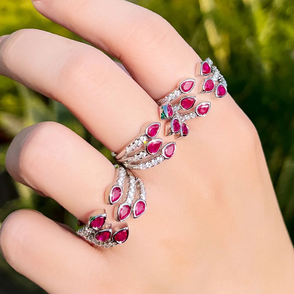 Pretty Multi Layered Pink Red and White Cubic Zirconia Claws Open Cuff Rings for Women Trendy CZ Ladies Engagement Jewelry