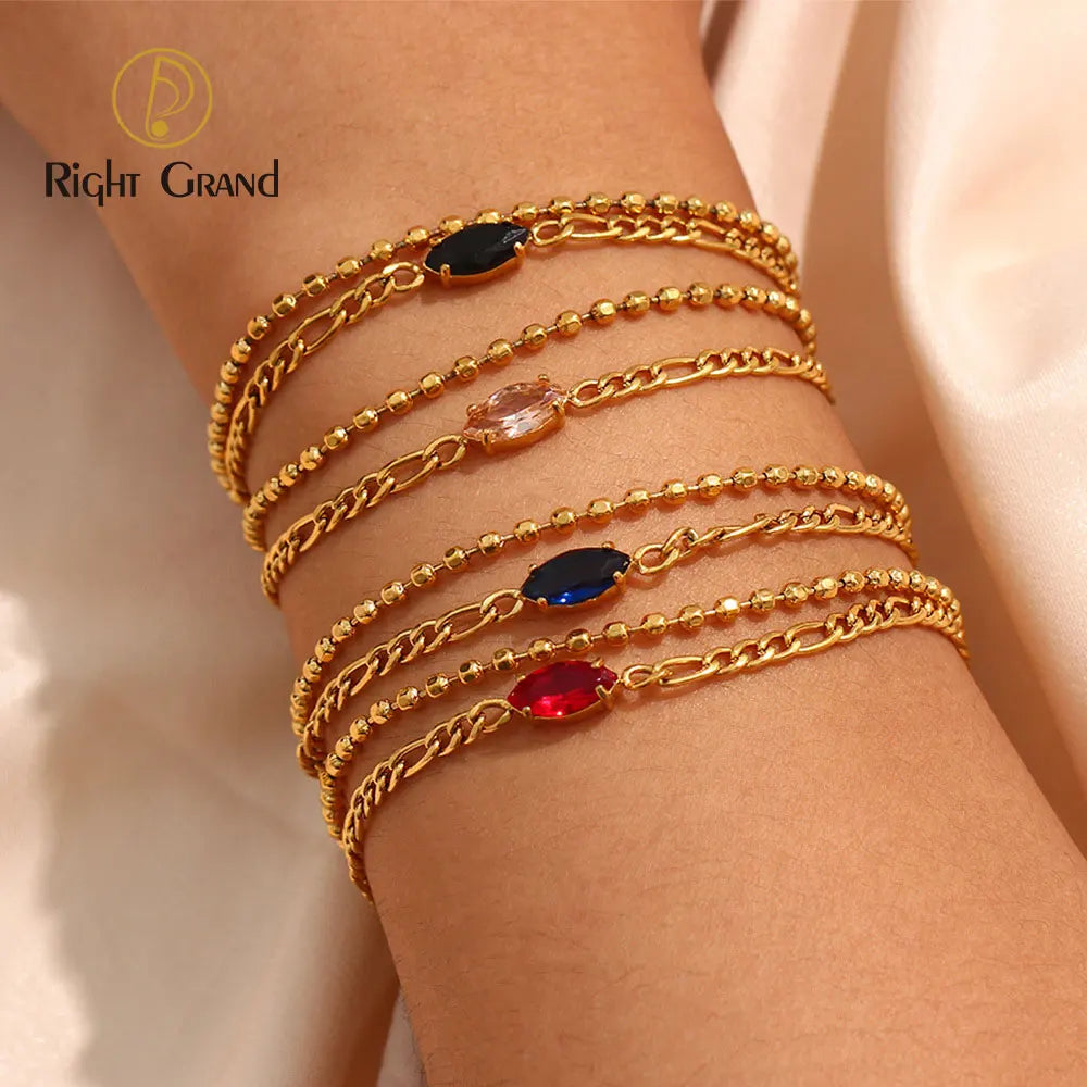 Fashion Stainless Steel Bracelet Double Bead Chain Figaro Chain Bracelet Multicolor Horse Eye Zircon Bracelet for Women Girls