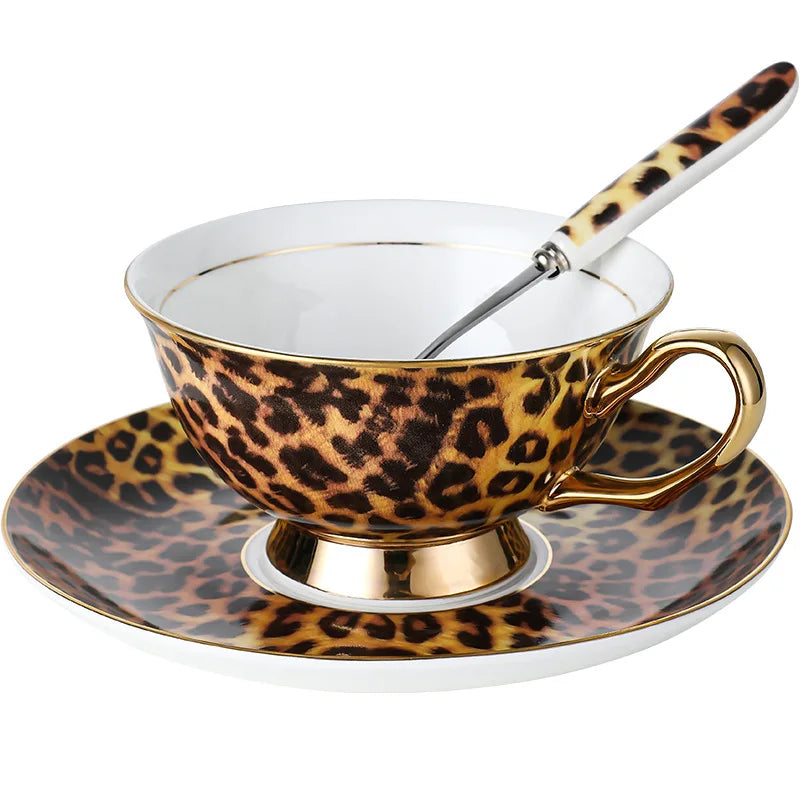 Leopard Bone China Fashion Coffee Cup Saucer European Light Luxury Afternoon Tea Cup Set Ceramic Household