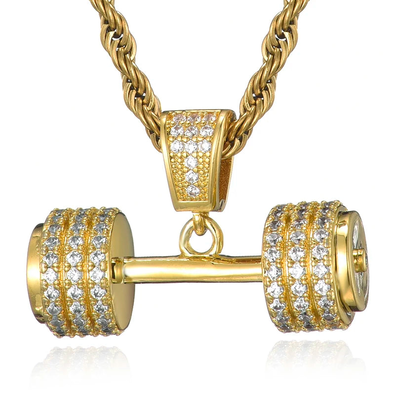 Trend Iced Out Barbell Pendants Necklaces for Men Hip Hop Fitness Gym Jewelry