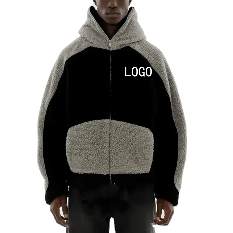 Custom Chenille Embroidery Logo Wholesale Heavy Long Sleeve Oversized Pullover Lamb Wool Warm Men's Fleece Hoodies