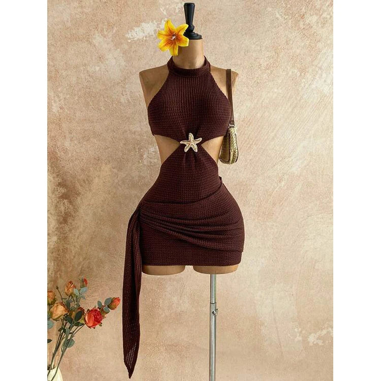 Wholesale Custom Neck Hanging Dresses Sexy Waist Hollow Dresses Starfish Pleated Slim Fit Hip Hugging Short Dresses