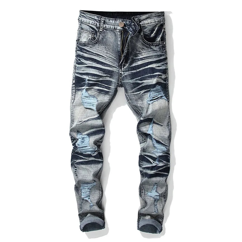 High Quality Folded Skinny Jeans for Men-High Street 100% Cotton Mid Rise Tapered Fit Destroy Wash for Winter/Autumn/Summer