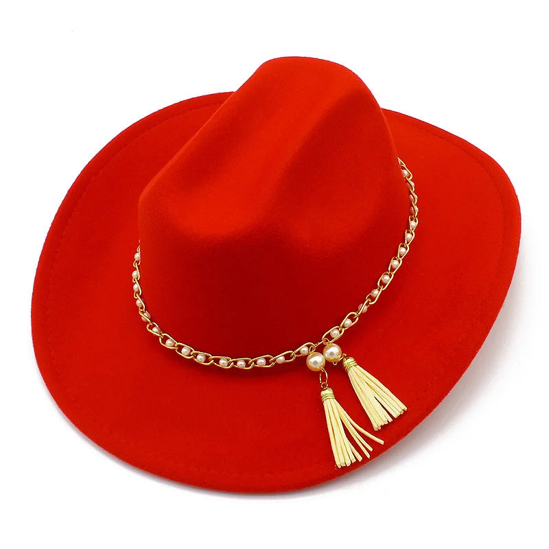 10 Colors New Fashion Chic Pearl Chain Felt Cowgirl Hat Women's Western Cattlemen Cowboy Cowgirls Hats for Women