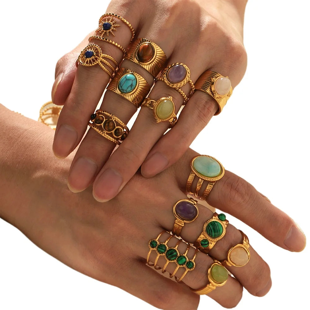Women's New Design Fashion 18K Gold Plated Stainless Steel Ring Natural Gemstone for Parties and Gifts