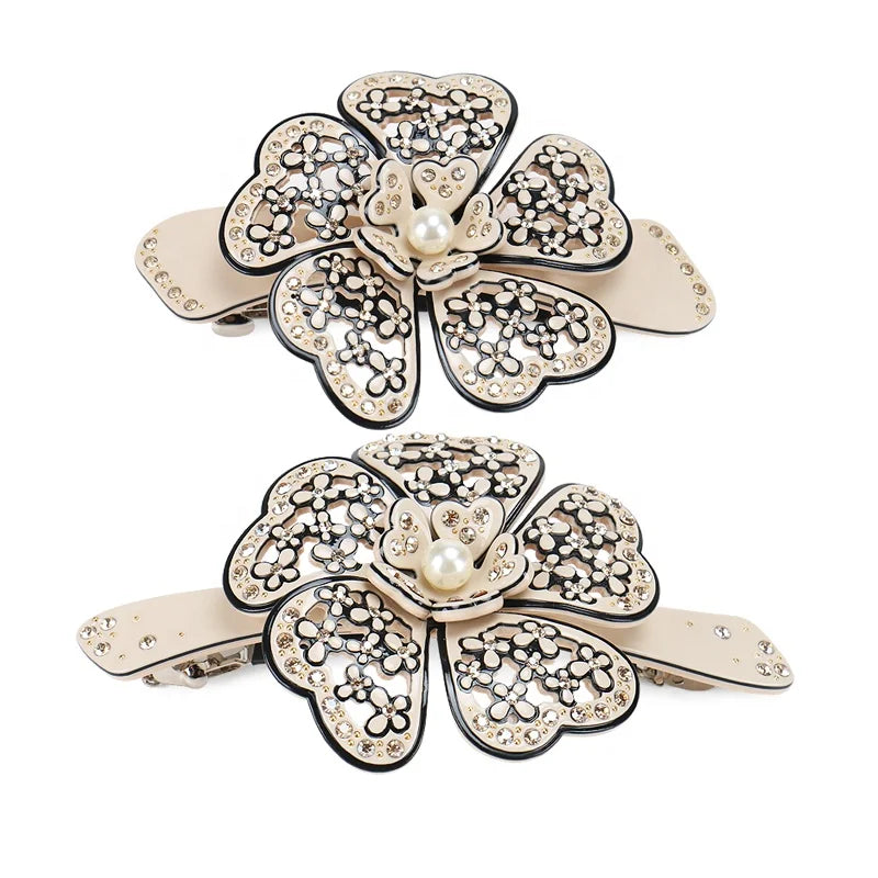 New Hollow Camellia Hair Clips with Rhinestones and Pearl Big Size 11cm Cellulose Acetate Hair Barrette Clip