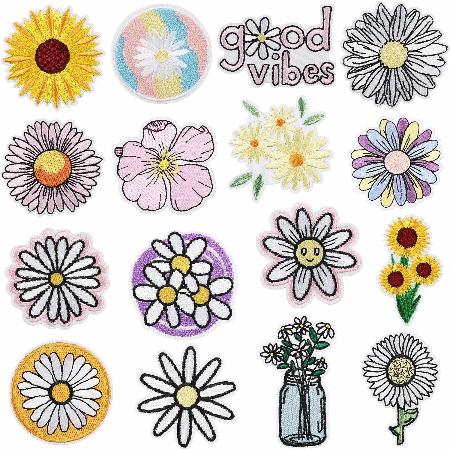 Iron on Embroidered Simple Style Round  Sun Flower Daisy Patches for Clothes Bag Decoration