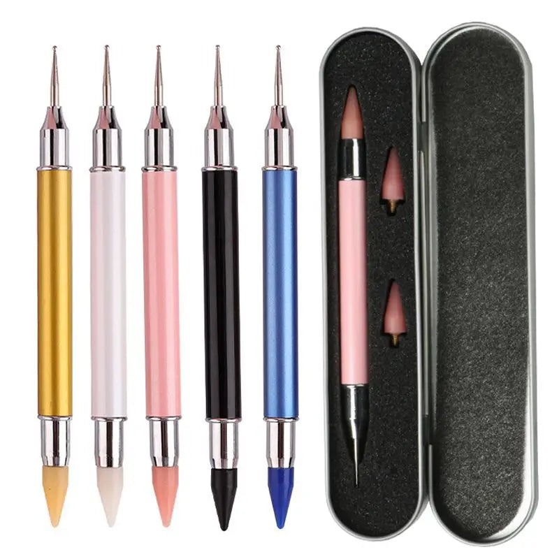 Custom Rhinestones Acrylic Handle Wax Pencil Double Head Dotting Pen Jewel Pick Tool Acrylic Nail Pen with Storage Case