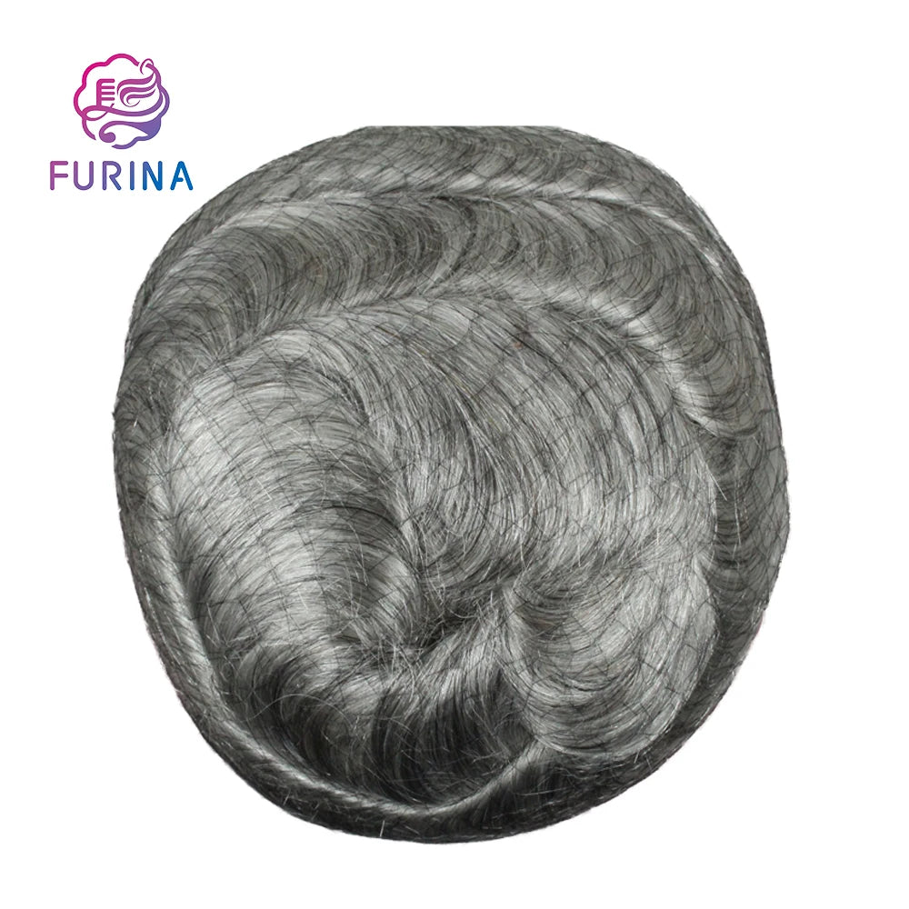 FURINA Hot Selling Healthy Human Grey Hair Mens Toupee Hair Piece K MONO PU 8*10 Color 1B80H Toupee for Men