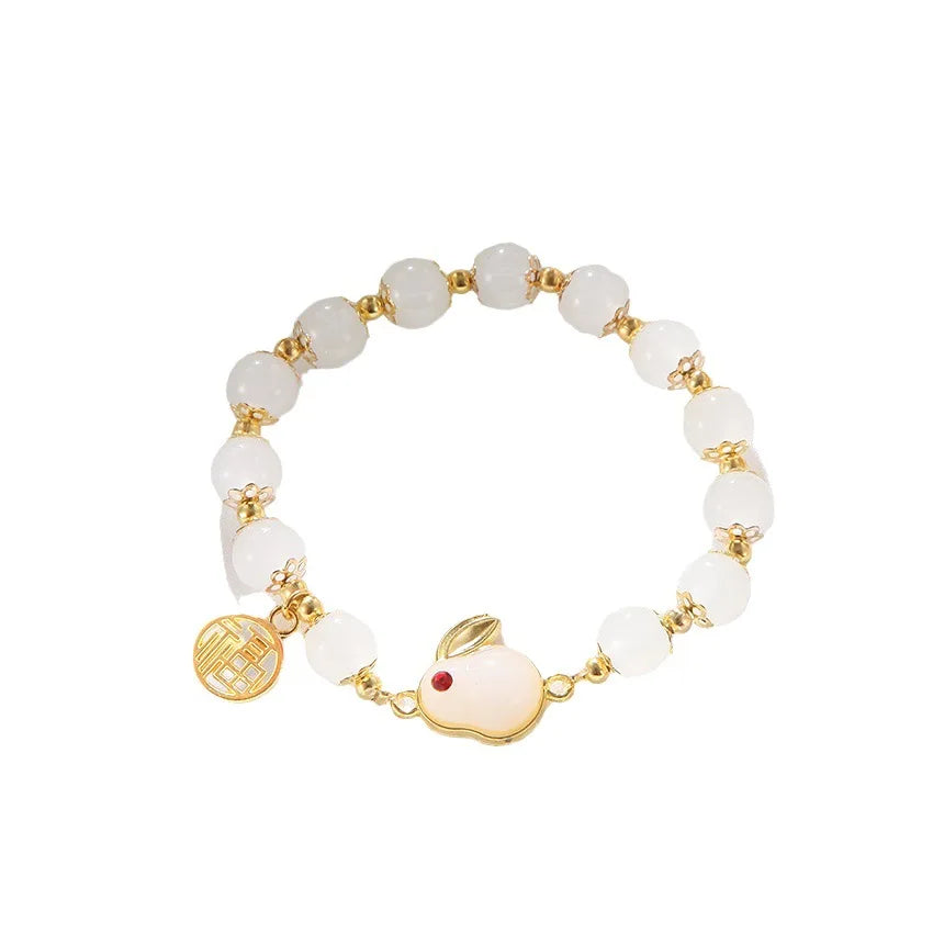 AA016200 Beads Jade Rabbit Bracelet Adjustable Weave Rope Bracelets Light Green Jade Lucky Rabbit Bracelet