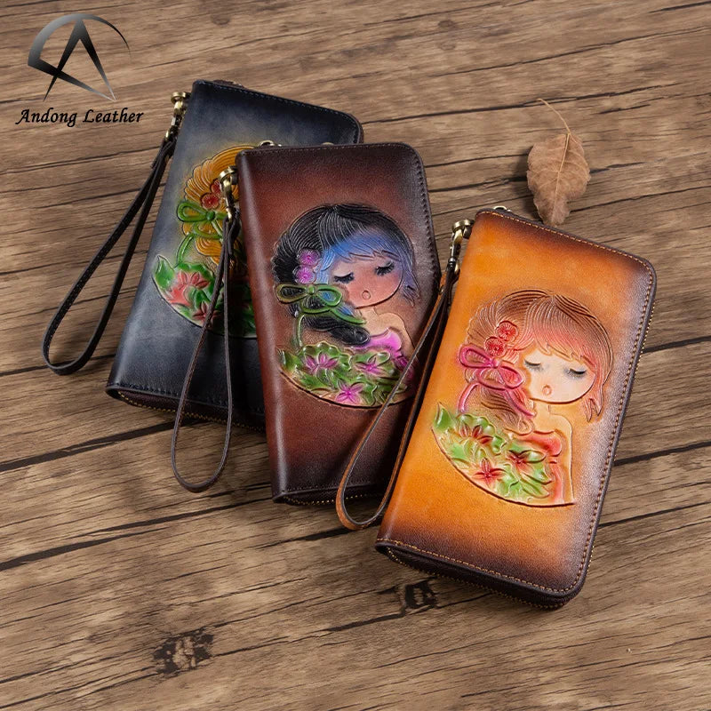 Andong Leather New Fashion Long Wallet Purse for Women Genuine Cow Leather Retro Clutch Bag Multi-Card Position Phone Bag