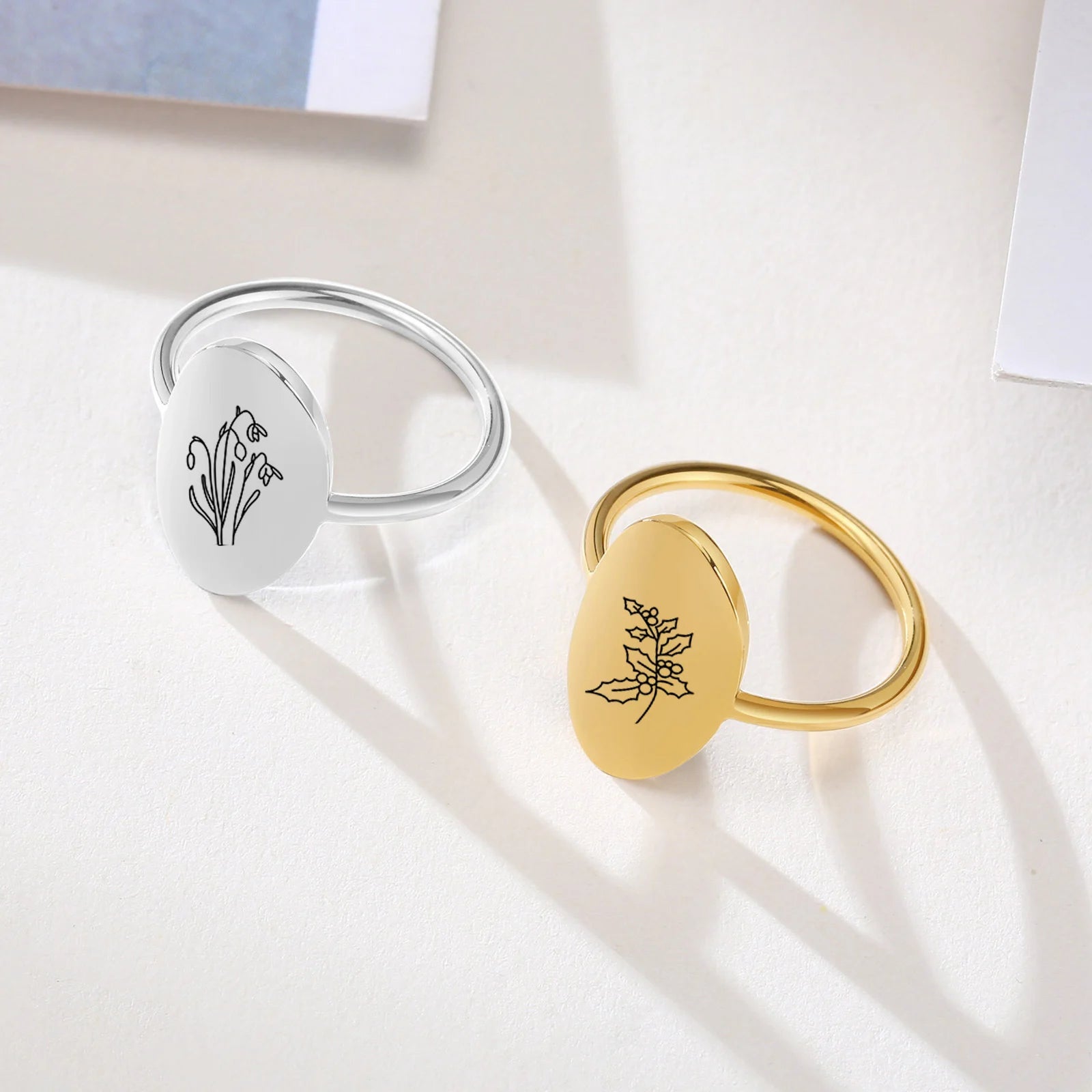 Latest Design 18K Gold Birth Month Flower Personalized Gift Ring Engraved Minimalist Graduation Gift