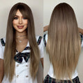 Factory Outlet MOQ1Long Chocolate Brown Straight Synthetic Wig for Women Ombre Brown Heat Resistant Wigs With Bangs Daily Hair