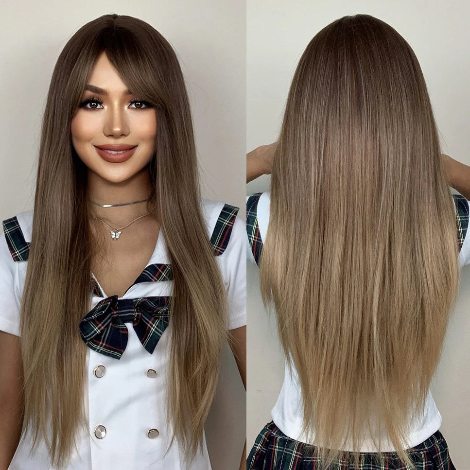 Factory Outlet MOQ1Long Chocolate Brown Straight Synthetic Wig for Women Ombre Brown Heat Resistant Wigs With Bangs Daily Hair
