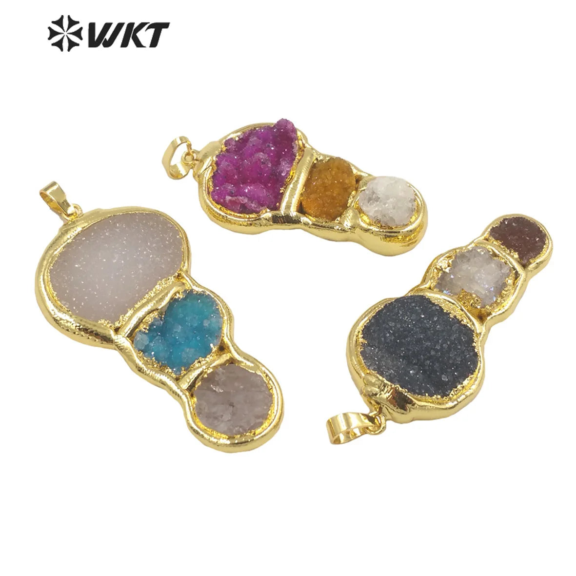WT-P1947 Wholesale Fashion Handmade Carved Natural Druzy Agate Pendant for Lady Necklace Design in 18K Real Gold Plated