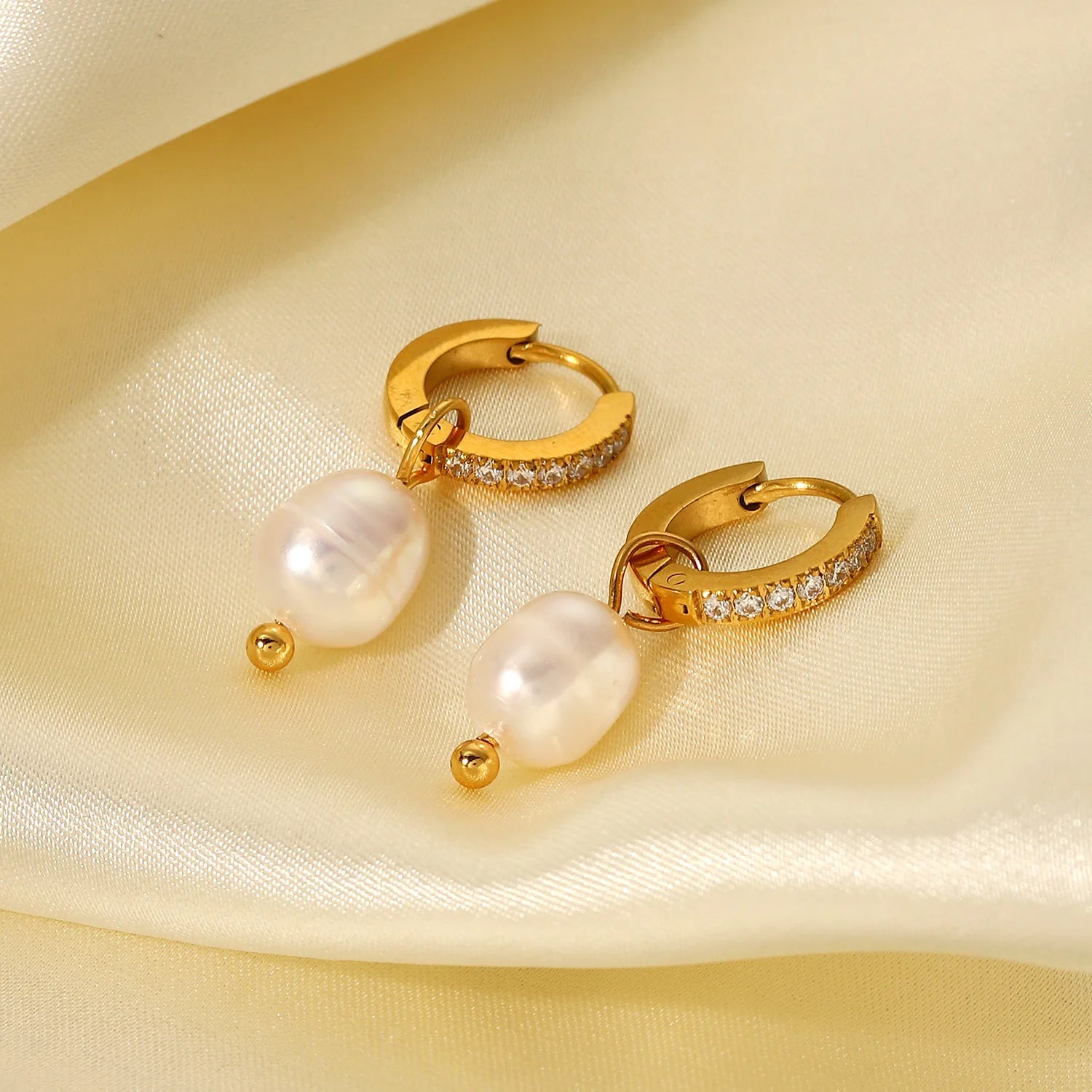 Waterproof 18k Gold PVD Plated Stainless Steel Cubic Zirconia Hoop Freshwater Pearl Pendant Earrings for Women