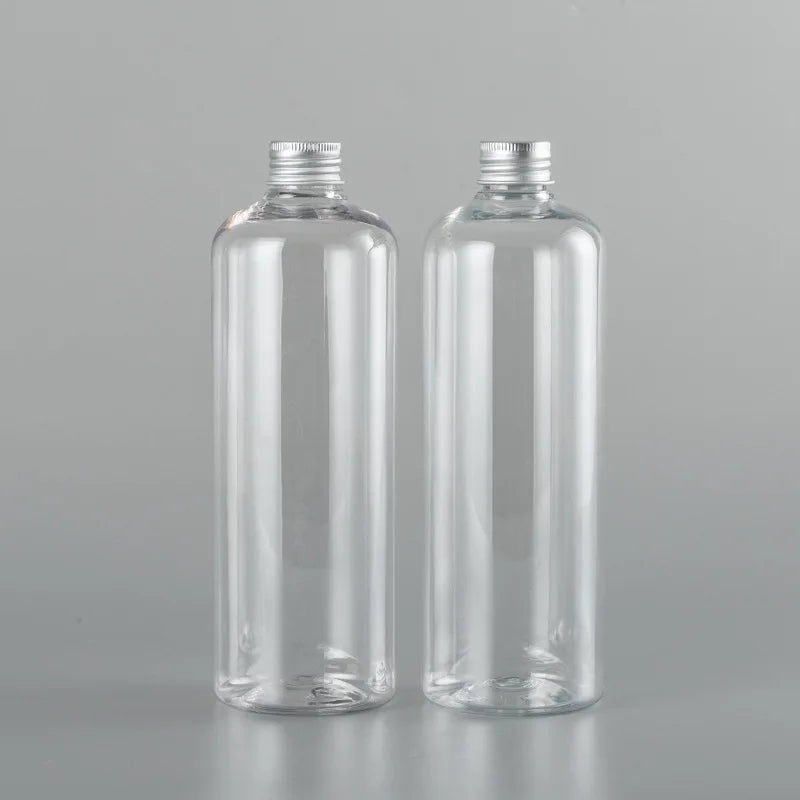 Stock 500ml Round Shoulder Long Pet Plastic Shampoo Bottle with Gold and Silver Aluminum Lid