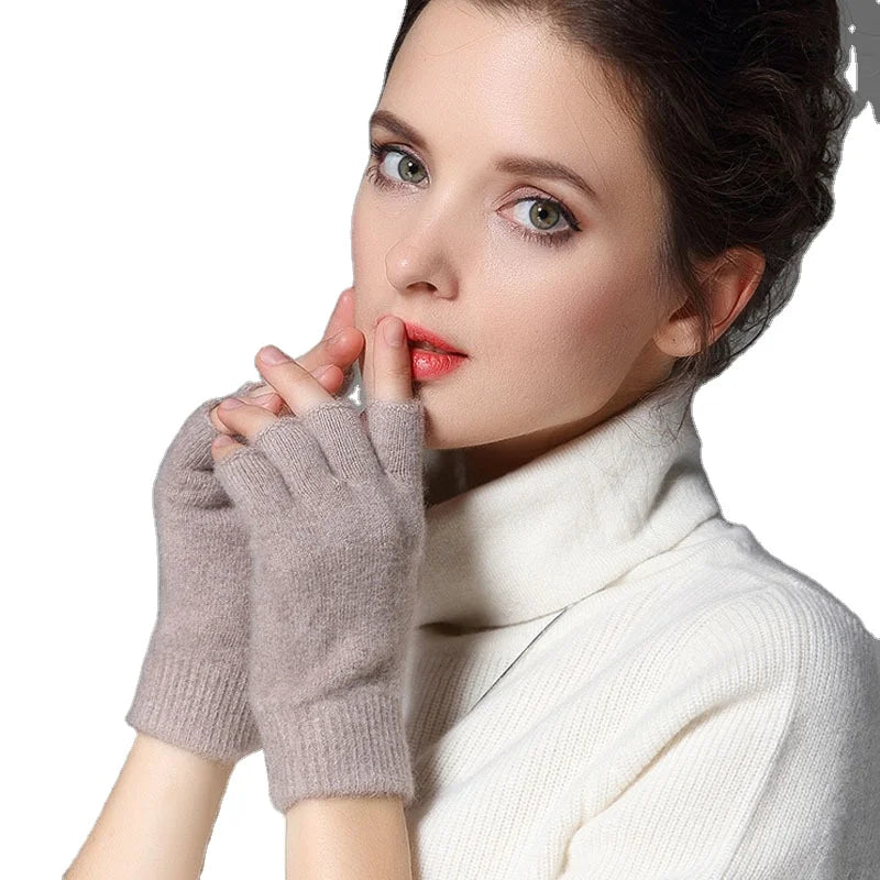 Women's wool mitten half-finger gloves winter fingerless learning office knitted warm gloves