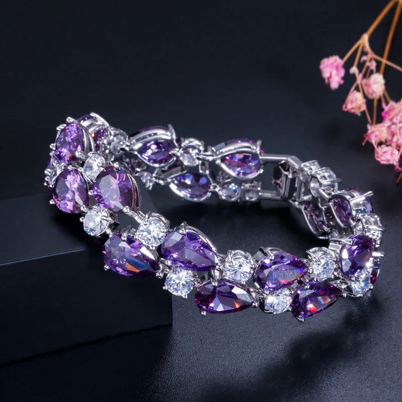 My Mona Lisa Cubic Zircon Jewelry Brass Silver Color Red Black Purple Big Tear Drop CZ Stone Luxury Bridal Bracelet for Women