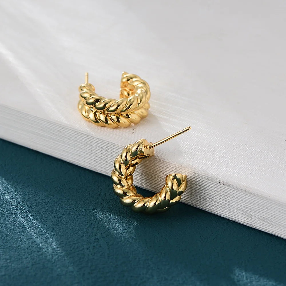 PEISHANG Trendy Wheat Ears Earring Retro Knot Rhodium Plated Plain Brass Jewelry Layer Twist Huggie Stud Earrings for Women Gift