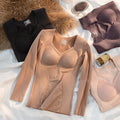 Lady's Lace Thermal Underwear Top with Detachable Chest Pad Super-Elastic Slim V-Neck Breathable and Seamless