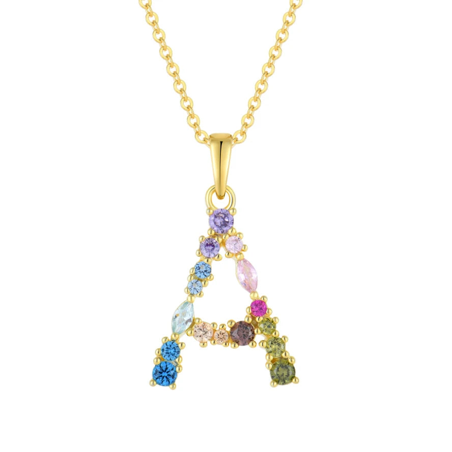 Handcrafted Women's Gold Plated Letter a Pendant Necklace with Multicolor Zircon Stones
