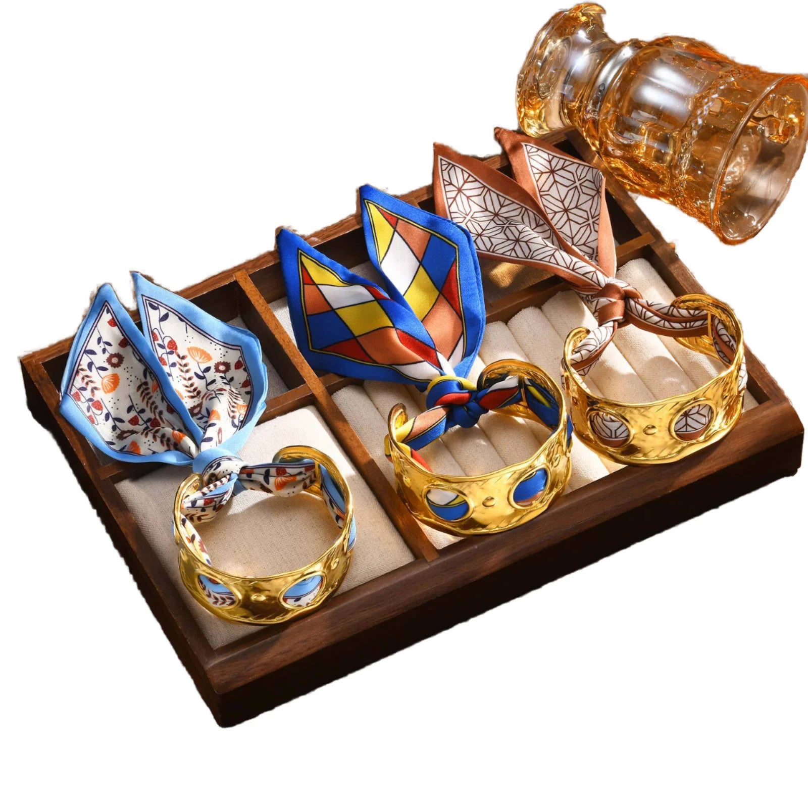 Trendy Women's Stainless Steel Wrist Cuff Bracelet Open Wide Wrap Silk Scarf Combination Non-Tarnish Fashion Bangles Jewelry