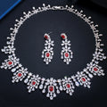 Shiny Red Cubic Zircon Big Round Tassel Drop Necklace Earrings Jewelry Sets for Brides Luxury Wedding Prom Dress Accessories