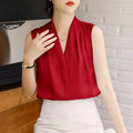 8891# Summer Women Satin Blouse Tops 2026 Deep V Neck Thin Sleeveless Pleated Office Blouse Shirts