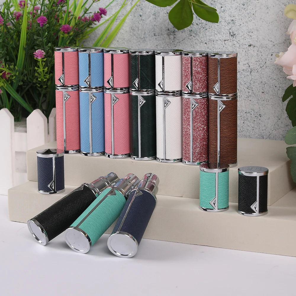 Customized Luxury PU 5ml Empty Perfume Bottle Pump Sprayer Aluminum Refillable Atomizer Metal Bottles Custom Logo Screen Printed