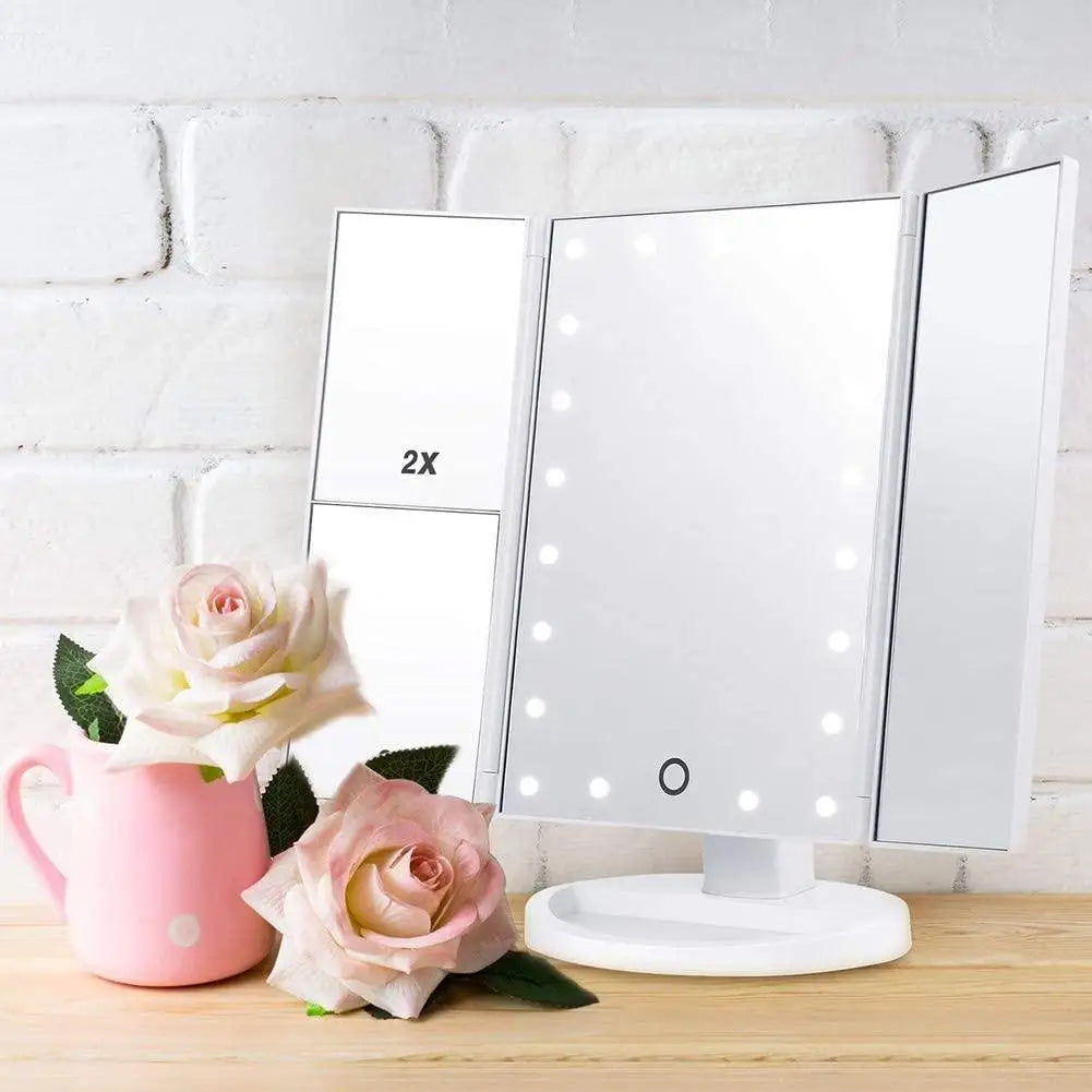 Smart Trifold Mirror Lighted Makeup Mirror with 22Pcs Adjustable Lights Magnification Makeup Mirror