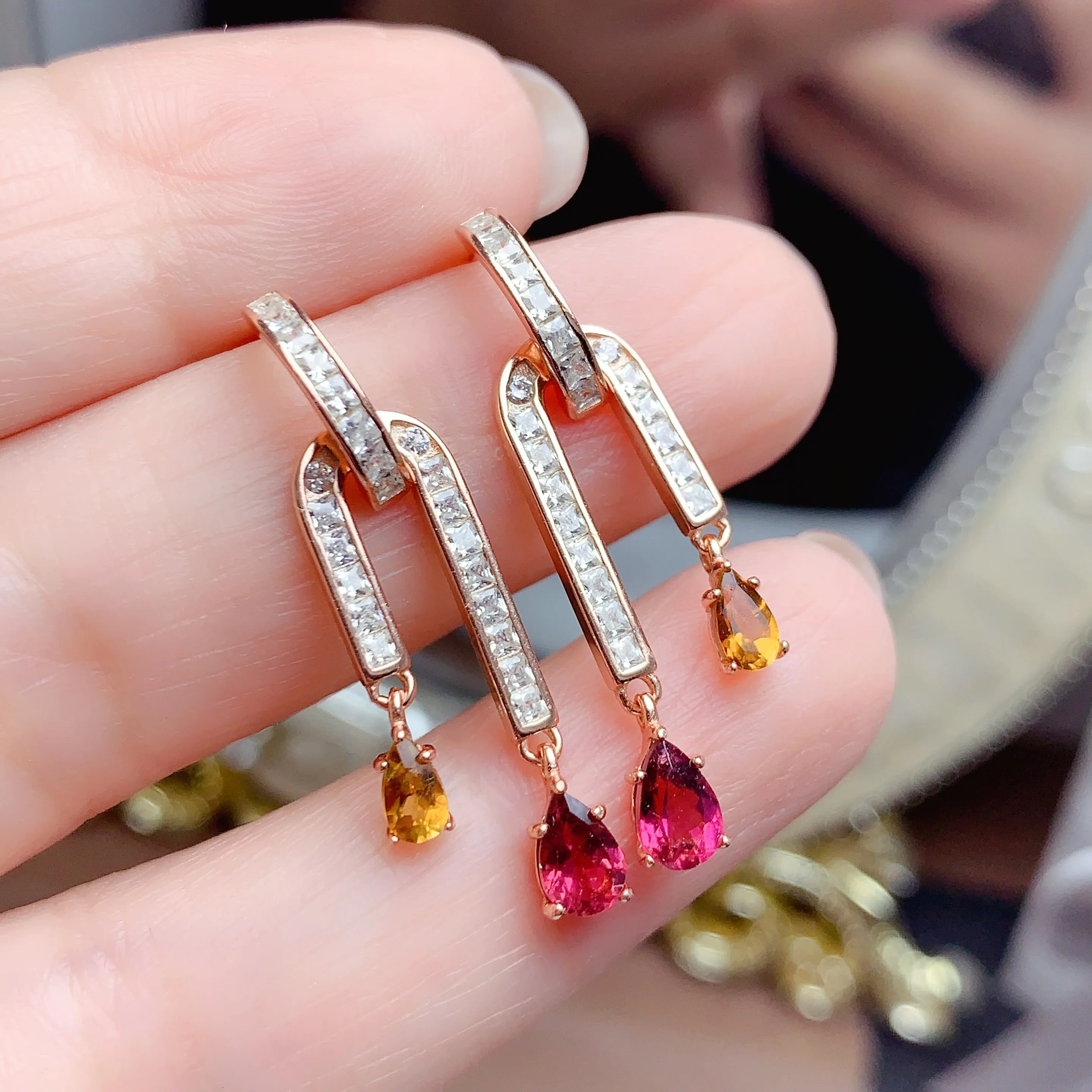 Wholesale 925 Sterling Silver Natural Tourmaline Long Water Drop Earrings Gold Plated for Wedding Party or Gift