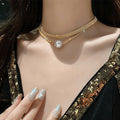 Brass Alloy Choker Abs Pearl Bead Double Layers Layered Chokers Necklace Jewelry for Women