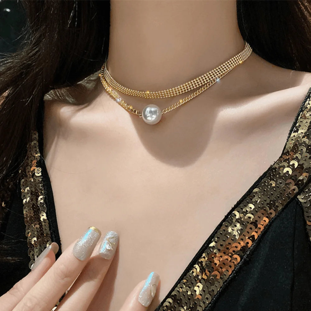 Brass Alloy Choker Abs Pearl Bead Double Layers Layered Chokers Necklace Jewelry for Women