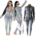 Women Stretch Denim 2 Piece Sets Long Sleeve Irregular Zipper Jacket High Waist Pants Two Piece Set Women Fall Winter Clothes