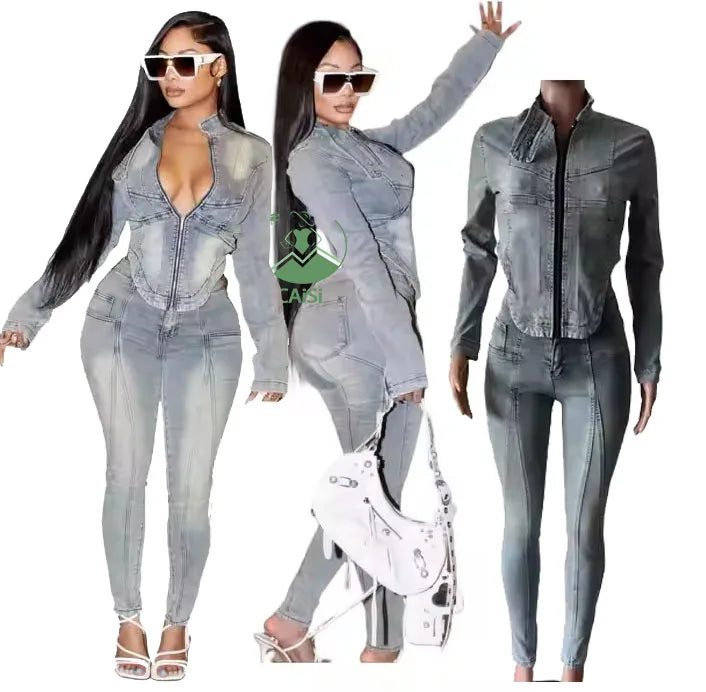 Women Stretch Denim 2 Piece Sets Long Sleeve Irregular Zipper Jacket High Waist Pants Two Piece Set Women Fall Winter Clothes