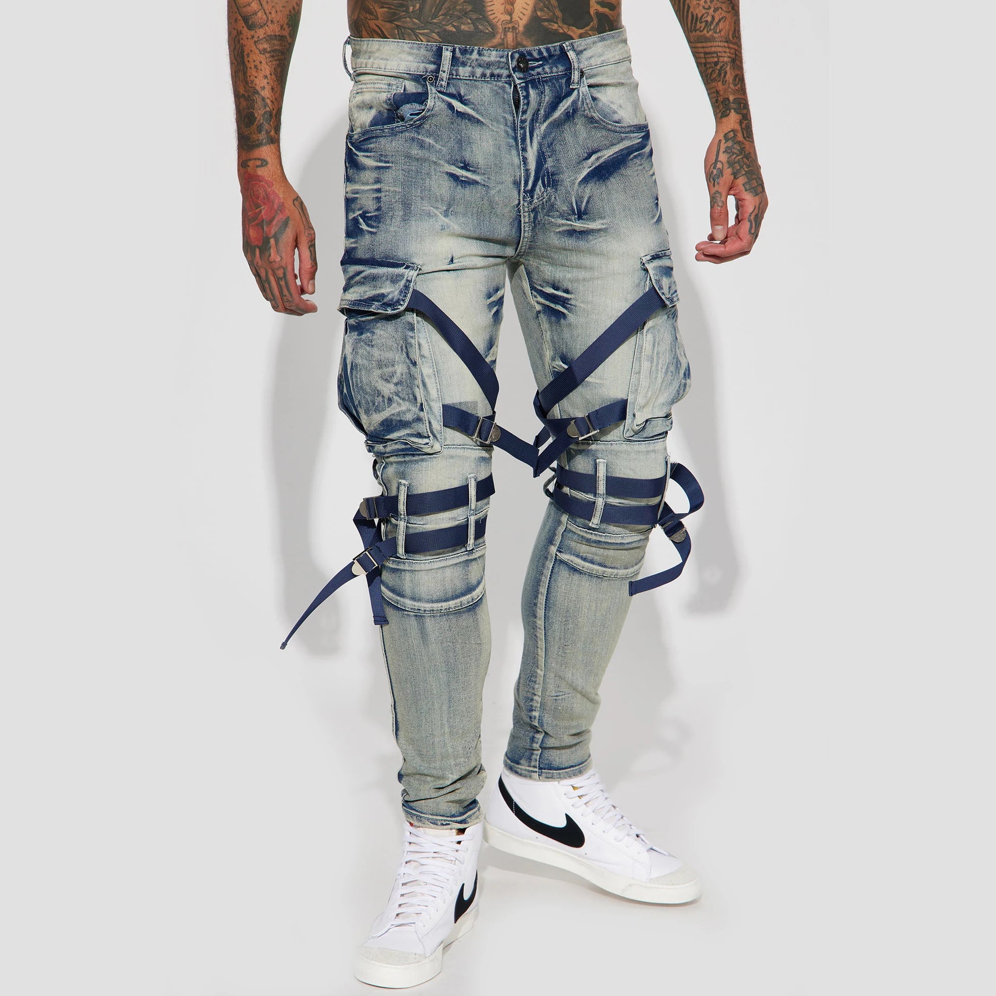 AeeDenim New Arrival Custom LOGO Men's Strappy with It Cargo Vintage Stonewashed Print Pencil Denim Jeans Long Pants
