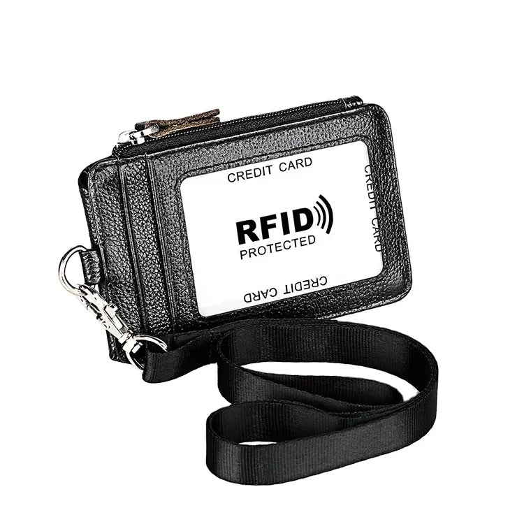 New Genuine Leather ID Badge Card Holder Wallet with Zipper 1 Side RFID Blocking Pocket and Neck Lanyard Strap for Offices ID