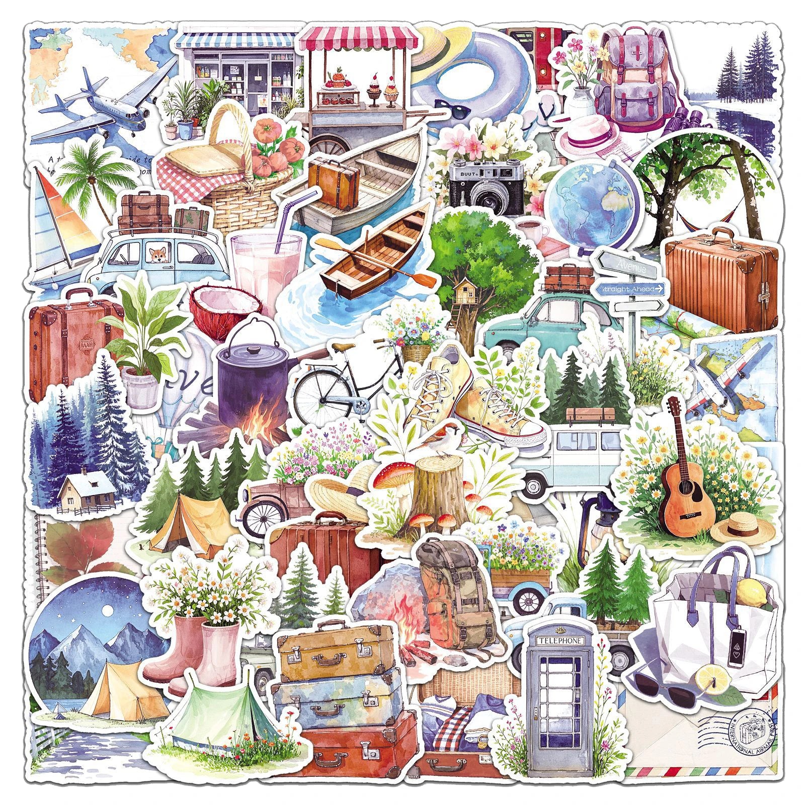 50Pcs Watercolor Camping Trip Graffiti Stickers for Luggage Suitcase Decor Outdoor Vacation Sticker